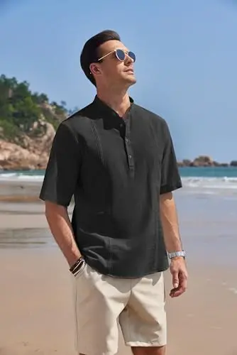 COOFANDY Men's Cotton Linen Henley Shirt Short Sleeve Hippie Casual Band Collar Summer Beach T-Shirts - 6