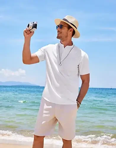 COOFANDY Men's Cotton Linen Henley Shirt Short Sleeve Hippie Casual Beach T-Shirts with Pocket - 6