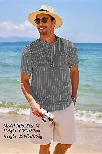 COOFANDY Men's Cotton Linen Henley Shirt Short Sleeve Hippie Casual Beach T-Shirts with Pocket - 3