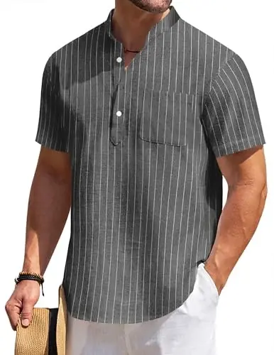 COOFANDY Men's Cotton Linen Henley Shirt Short Sleeve Hippie Casual Beach T-Shirts with Pocket - 2