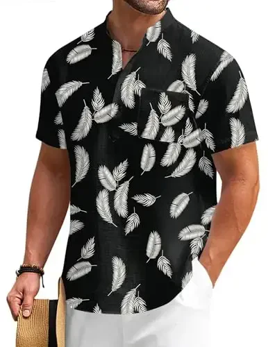 COOFANDY Men's Cotton Linen Henley Shirt Short Sleeve Hippie Casual Beach T-Shirts with Pocket 
