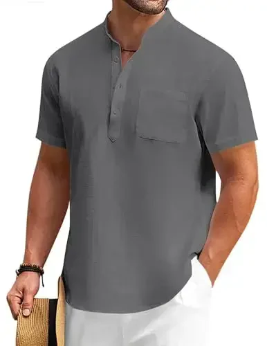 COOFANDY Men's Cotton Linen Henley Shirt Short Sleeve Hippie Casual Beach T-Shirts with Pocket 