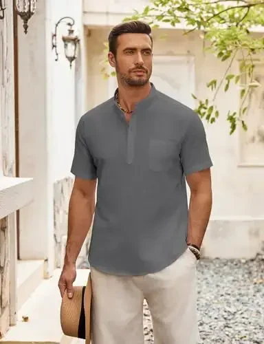 COOFANDY Men's Cotton Linen Henley Shirt Short Sleeve Hippie Casual Beach T-Shirts with Pocket - 5
