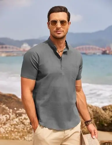 COOFANDY Men's Cotton Linen Henley Shirt Short Sleeve Hippie Casual Beach T-Shirts with Pocket - 2