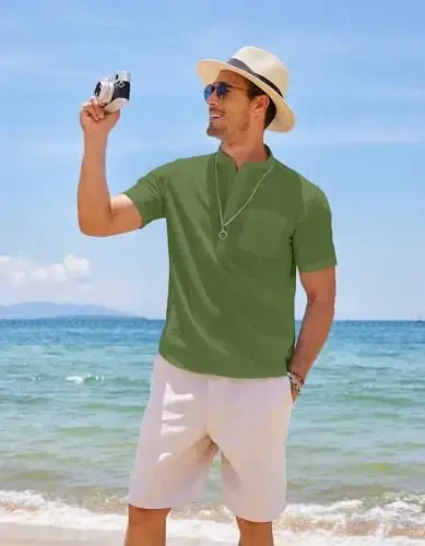 COOFANDY Men's Cotton Linen Henley Shirt Short Sleeve Hippie Casual Beach T-Shirts with Pocket - 4