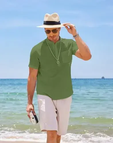 COOFANDY Men's Cotton Linen Henley Shirt Short Sleeve Hippie Casual Beach T-Shirts with Pocket - 6