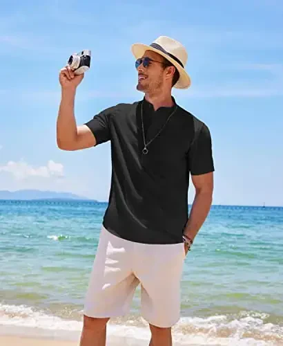COOFANDY Men's Cotton Linen Henley Shirt Short Sleeve Hippie Casual Beach T-Shirts with Pocket - 4
