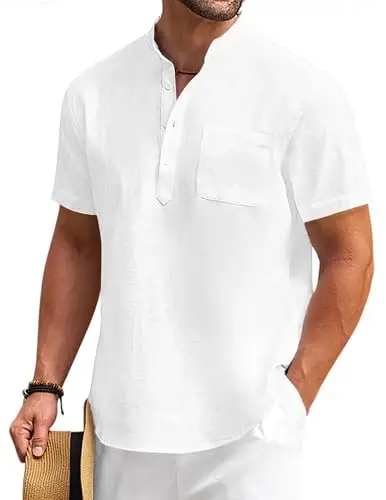 COOFANDY Men's Cotton Linen Henley Shirt Short Sleeve Hippie Casual Beach T-Shirts with Pocket - 1
