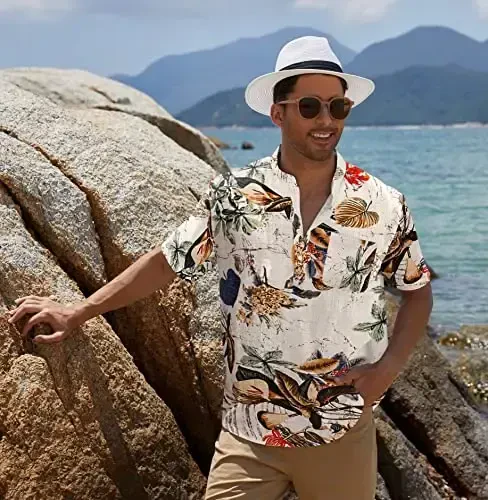 COOFANDY Men's Cotton Linen Henley Shirt Short Sleeve Hippie Casual Beach T-Shirts with Pocket - 4