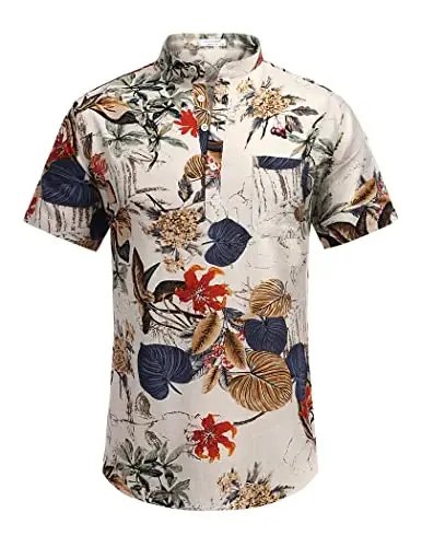 COOFANDY Men's Cotton Linen Henley Shirt Short Sleeve Hippie Casual Beach T-Shirts with Pocket - 2