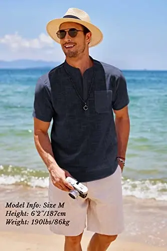 COOFANDY Men's Cotton Linen Henley Shirt Short Sleeve Hippie Casual Beach T-Shirts with Pocket - 3