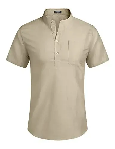 COOFANDY Men's Cotton Linen Henley Shirt Short Sleeve Hippie Casual Beach T-Shirts with Pocket - 2