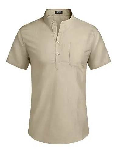 COOFANDY Men's Cotton Linen Henley Shirt Short Sleeve Hippie Casual Beach T-Shirts with Pocket - 2