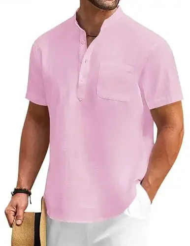 COOFANDY Men's Cotton Linen Henley Shirt Short Sleeve Hippie Casual Beach T-Shirts with Pocket - COOFANDY