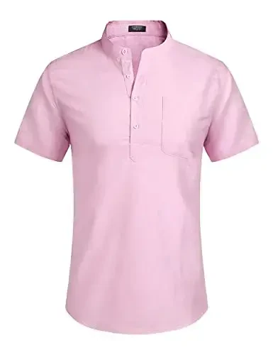 COOFANDY Men's Cotton Linen Henley Shirt Short Sleeve Hippie Casual Beach T-Shirts with Pocket - 2