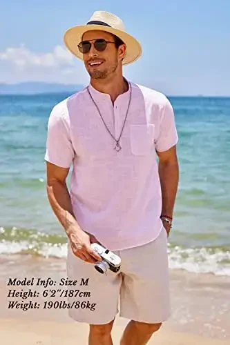 COOFANDY Men's Cotton Linen Henley Shirt Short Sleeve Hippie Casual Beach T-Shirts with Pocket - 3
