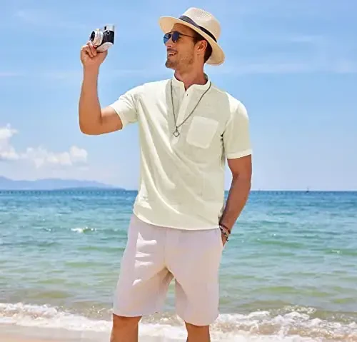 COOFANDY Men's Cotton Linen Henley Shirt Short Sleeve Hippie Casual Beach T-Shirts with Pocket - 4