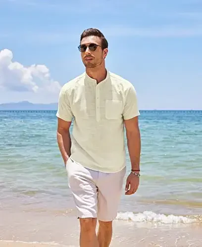 COOFANDY Men's Cotton Linen Henley Shirt Short Sleeve Hippie Casual Beach T-Shirts with Pocket - 6