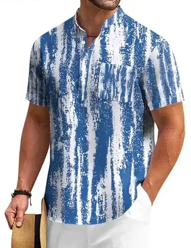 COOFANDY Men's Cotton Linen Henley Shirt Short Sleeve Hippie Casual Beach T-Shirts with Pocket - COOFANDY