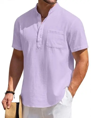 COOFANDY Men's Cotton Linen Henley Shirt Short Sleeve Hippie Casual Beach T-Shirts with Pocket - COOFANDY