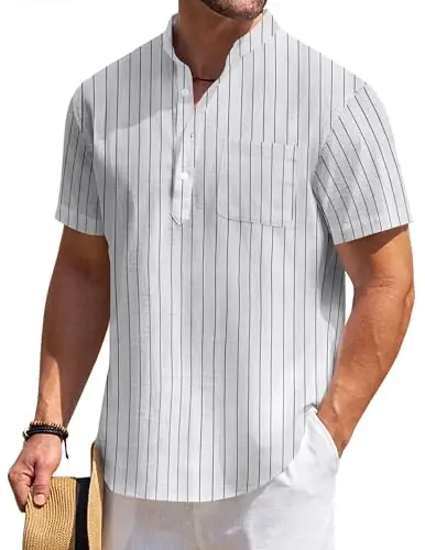 COOFANDY Men's Cotton Linen Henley Shirt Short Sleeve Hippie Casual Beach T-Shirts with Pocket - COOFANDY