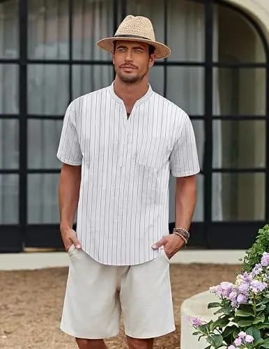 COOFANDY Men's Cotton Linen Henley Shirt Short Sleeve Hippie Casual Beach T-Shirts with Pocket - 3