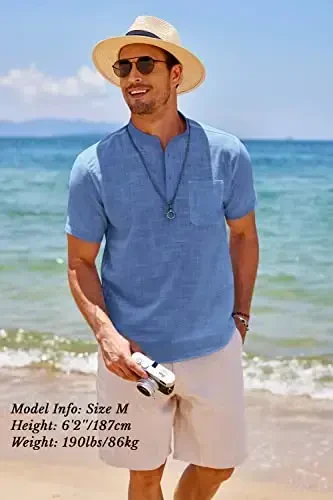 COOFANDY Men's Cotton Linen Henley Shirt Short Sleeve Hippie Casual Beach T-Shirts with Pocket - 3