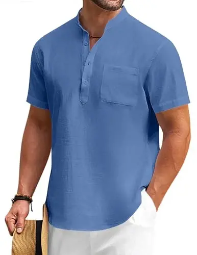 COOFANDY Men's Cotton Linen Henley Shirt Short Sleeve Hippie Casual Beach T-Shirts with Pocket 