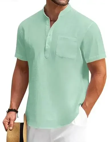 COOFANDY Men's Cotton Linen Henley Shirt Short Sleeve Hippie Casual Beach T-Shirts with Pocket - COOFANDY