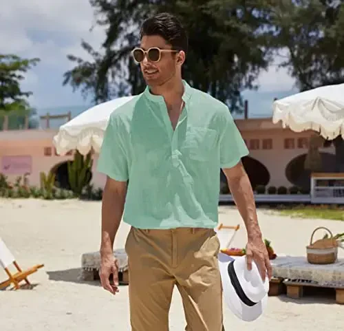 COOFANDY Men's Cotton Linen Henley Shirt Short Sleeve Hippie Casual Beach T-Shirts with Pocket - 6