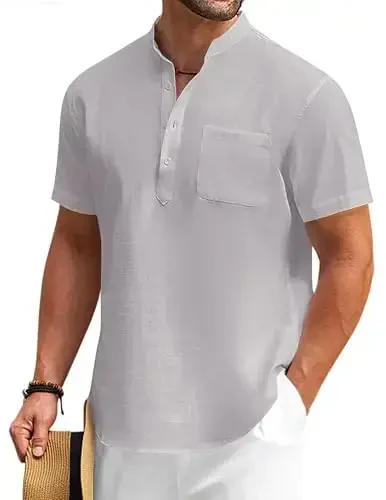 COOFANDY Men's Cotton Linen Henley Shirt Short Sleeve Hippie Casual Beach T-Shirts with Pocket 