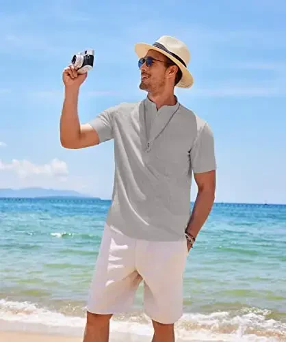 COOFANDY Men's Cotton Linen Henley Shirt Short Sleeve Hippie Casual Beach T-Shirts with Pocket - 4