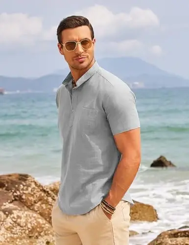 COOFANDY Men's Cotton Linen Henley Shirt Short Sleeve Hippie Casual Beach T-Shirts with Pocket - 4