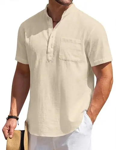 COOFANDY Men's Cotton Linen Henley Shirt Short Sleeve Hippie Casual Beach T-Shirts with Pocket - 5