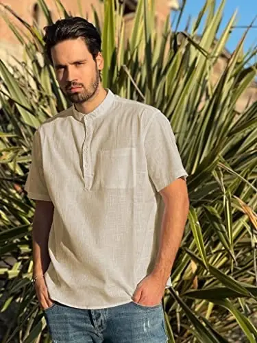COOFANDY Men's Cotton Linen Henley Shirt Short Sleeve Hippie Casual Beach T-Shirts with Pocket - 4