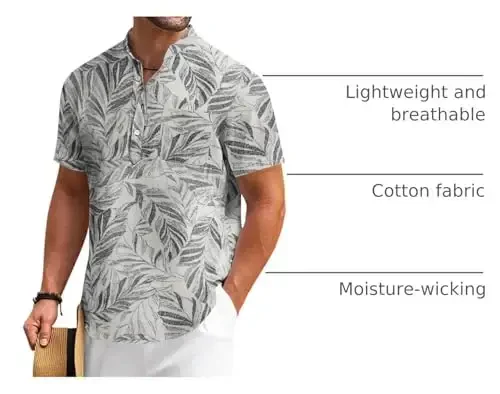 COOFANDY Men's Cotton Linen Henley Shirt Short Sleeve Hippie Casual Beach T-Shirts with Pocket - 4