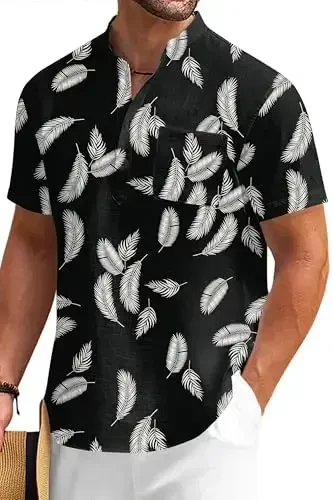 COOFANDY Men's Cotton Linen Henley Shirt Short Sleeve Hippie Casual Beach T-Shirts with Pocket - COOFANDY