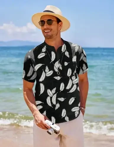 COOFANDY Men's Cotton Linen Henley Shirt Short Sleeve Hippie Casual Beach T-Shirts with Pocket - COOFANDY (1)