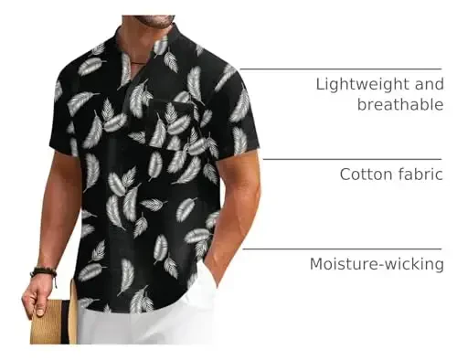 COOFANDY Men's Cotton Linen Henley Shirt Short Sleeve Hippie Casual Beach T-Shirts with Pocket - 4