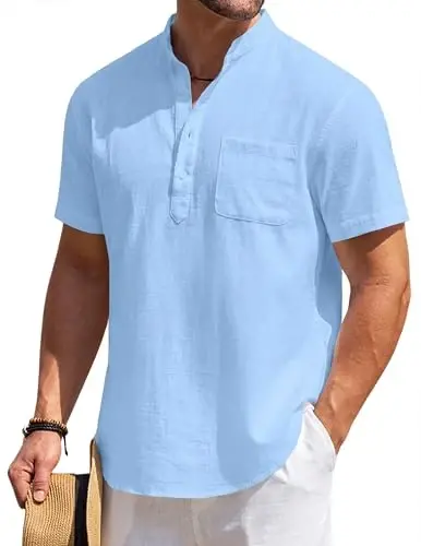 COOFANDY Men's Cotton Linen Henley Shirt Short Sleeve Hippie Casual Beach T-Shirts with Pocket - COOFANDY