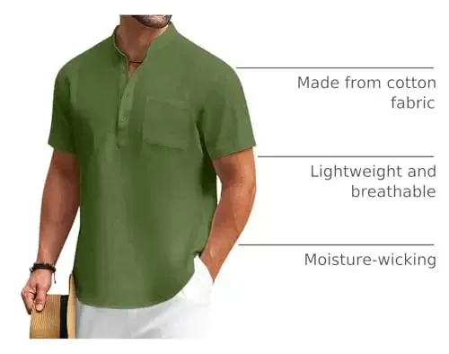 COOFANDY Men's Cotton Linen Henley Shirt Short Sleeve Hippie Casual Beach T-Shirts with Pocket - 4