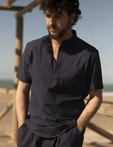 COOFANDY Men's Cotton Linen Henley Shirt Short Sleeve Hippie Casual Beach T-Shirts with Pocket - 2