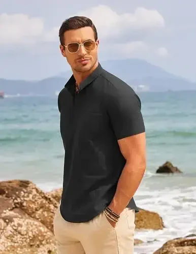 COOFANDY Men's Cotton Linen Henley Shirt Short Sleeve Hippie Casual Beach T-Shirts with Pocket - 4