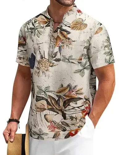 COOFANDY Men's Cotton Linen Henley Shirt Short Sleeve Hippie Casual Beach T-Shirts with Pocket - 1