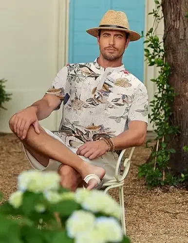 COOFANDY Men's Cotton Linen Henley Shirt Short Sleeve Hippie Casual Beach T-Shirts with Pocket - 3