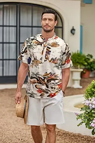 COOFANDY Men's Cotton Linen Henley Shirt Short Sleeve Hippie Casual Beach T-Shirts with Pocket - 4