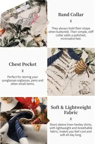 COOFANDY Men's Cotton Linen Henley Shirt Short Sleeve Hippie Casual Beach T-Shirts with Pocket - 5