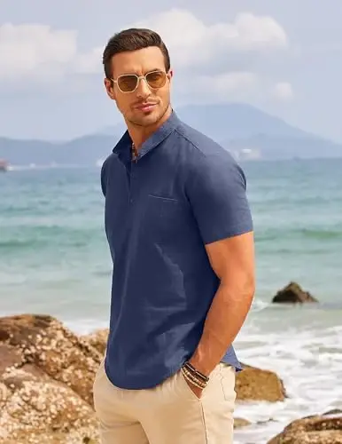 COOFANDY Men's Cotton Linen Henley Shirt Short Sleeve Hippie Casual Beach T-Shirts with Pocket - 4