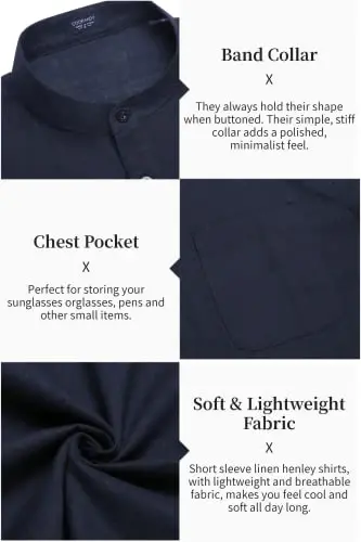 COOFANDY Men's Cotton Linen Henley Shirt Short Sleeve Hippie Casual Beach T-Shirts with Pocket - 5