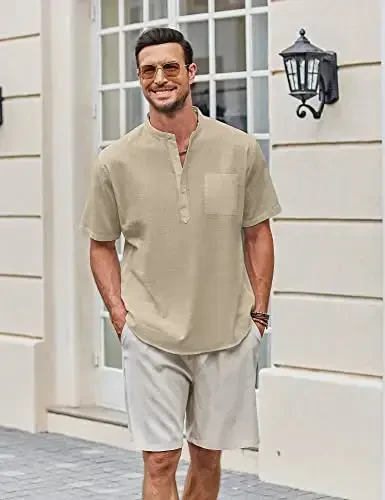 COOFANDY Men's Cotton Linen Henley Shirt Short Sleeve Hippie Casual Beach T-Shirts with Pocket - 4